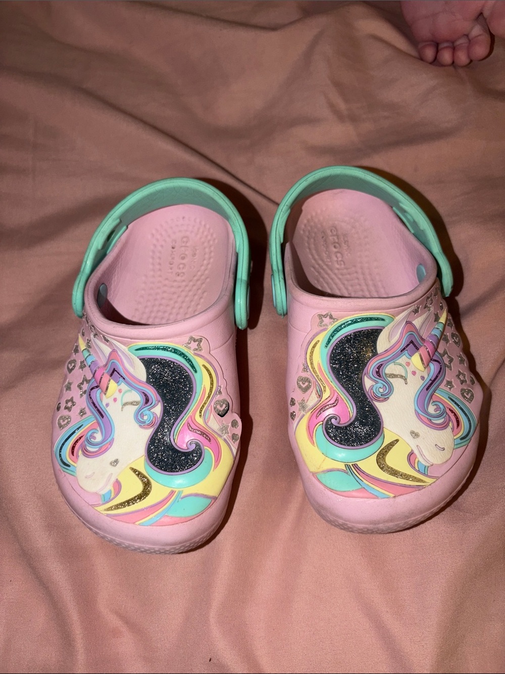 CROCS Pink Unicorn Clogs with Mint Backstrap